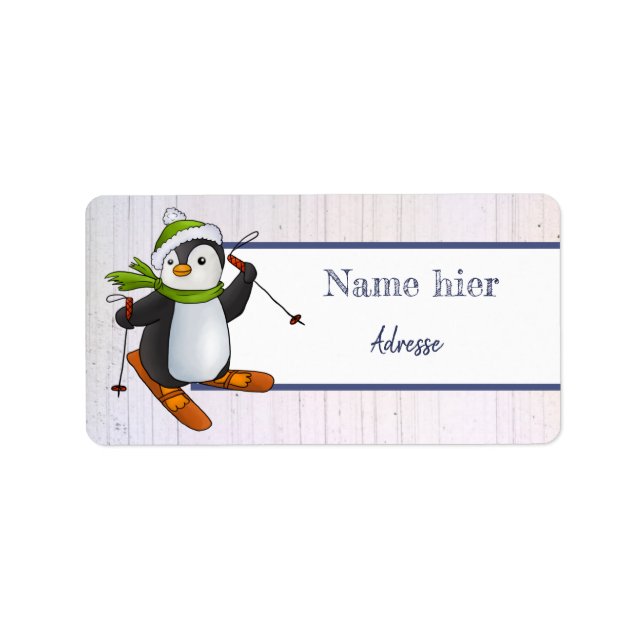 Pinguin mit Ski Adressaufkleber (Vorne)