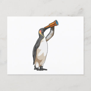 Pinguin mit Teleskop Postkarte