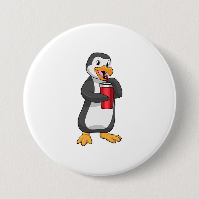 Pinguin mit Trinkbecher mit Stroh Button (Vorderseite)