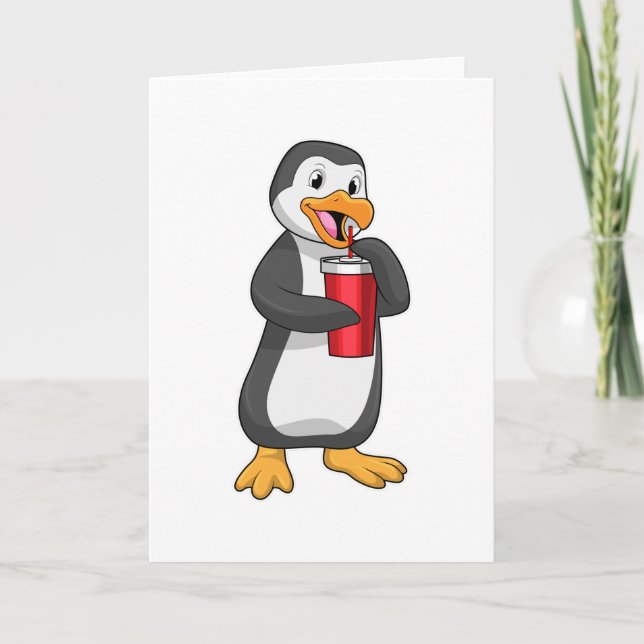 Pinguin mit Trinkbecher mit Stroh Karte (Vorderseite)