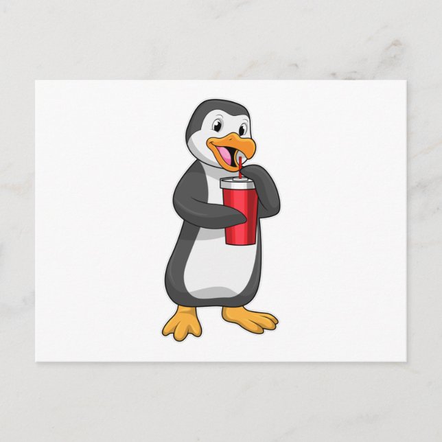 Pinguin mit Trinkbecher mit Stroh Postkarte (Vorderseite)