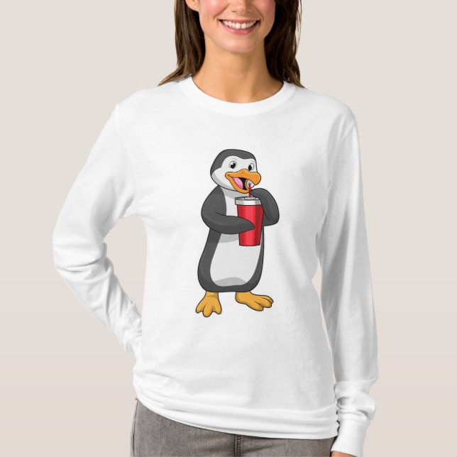 Pinguin mit Trinkbecher mit Stroh T-Shirt (Vorderseite)