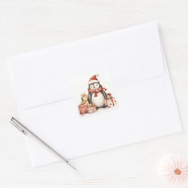Pinguin mit Urlaubsgeschenken Quadratischer Aufkleber (Umschlag)