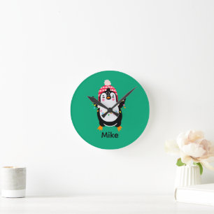Pinguin mit Weihnachtsbeleuchtung Runde Wanduhr