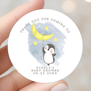 Pinguin Mond Aquarell Baby Shower Danke Runder Aufkleber