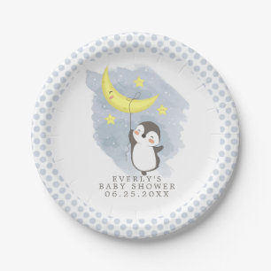 Pinguin Mond Wasserfarbe Babyparty  Pappteller