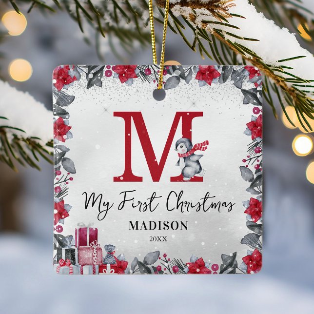 Pinguin Monogram Baby Stats Erste Weihnachten Keramikornament (Von Creator hochgeladen)