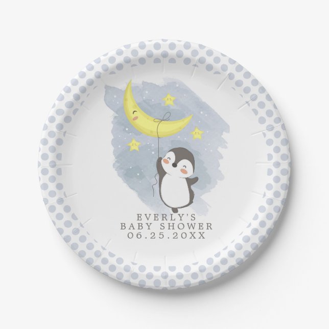 Pinguin Moon Watercolor Babydusche Pappteller (Vorderseite)
