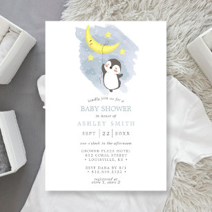 Pinguin Moon Winter Watercolor Babydusche Einladung