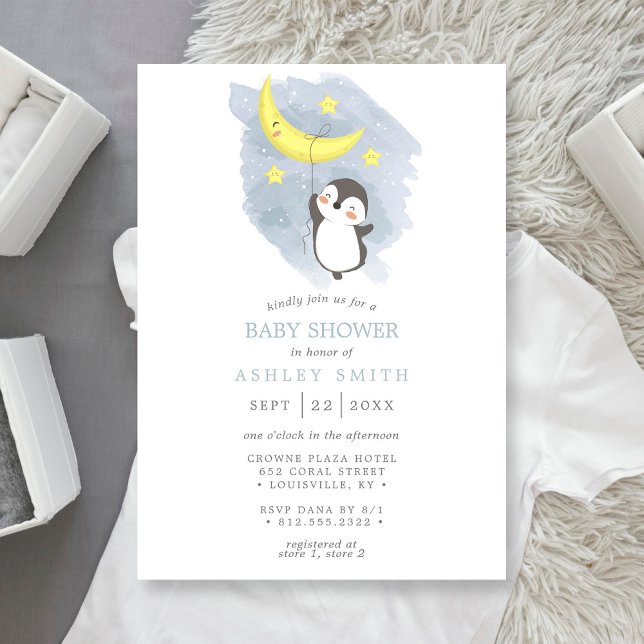 Pinguin Moon Winter Watercolor Babydusche Einladung (Von Creator hochgeladen)