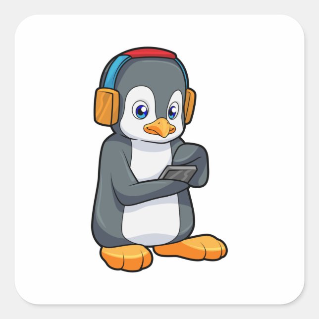 Pinguin Music Headphone Quadratischer Aufkleber (Vorderseite)