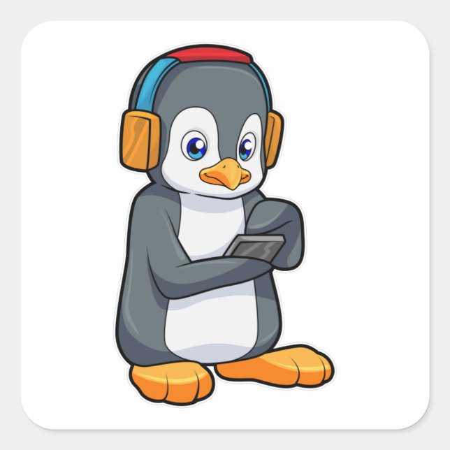 Pinguin Music Headphone Quadratischer Aufkleber (Vorderseite)
