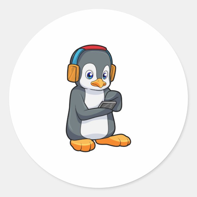 Pinguin Music Headphone Runder Aufkleber (Vorderseite)