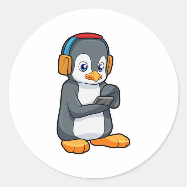 Pinguin Music Headphone Runder Aufkleber (Vorderseite)