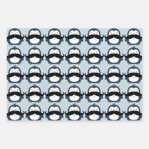 Pinguin Mustache Trend Pattern  Blau Geschenkpapier Set