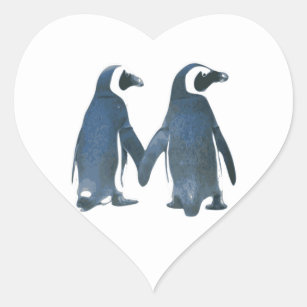 Pinguin-Paare, die Hände halten Herz-Aufkleber
