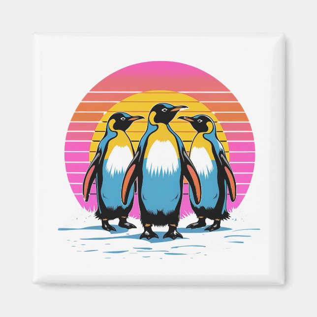 Pinguin Parade - Retro Sunset Penguin Family Magnet (Vorne)