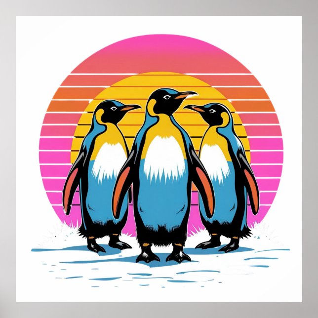 Pinguin Parade - Retro Sunset Penguin Family Poster (Vorne)