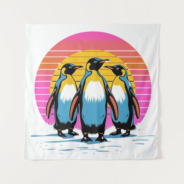 Pinguin Parade - Retro Sunset Penguin Family Wandteppich (Vorderseite)