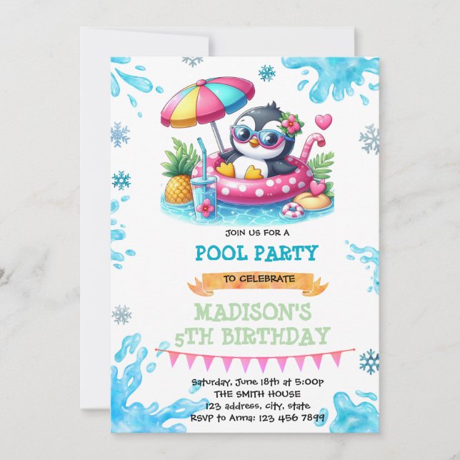 Pinguin-Party-Einladung zum Winterpool Einladung (Vorderseite)