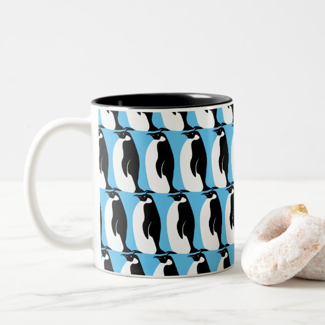 Pinguin Pattern Aqua Schwarz-weiß Zweifarbige Tasse (Mit Donut)