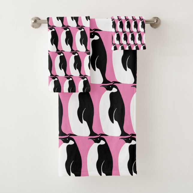 Pinguin Pattern Pink Schwarz-weiß Badhandtuch Set (Insitu)