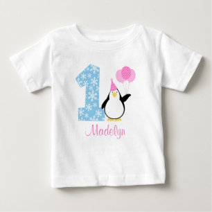 Pinguin Pink Blue Girl Winter Onederland Geburtsta Baby T-shirt