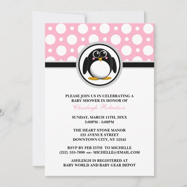 Pinguin Pink Polka Dot Baby Dusche Einladungen (Vorderseite)