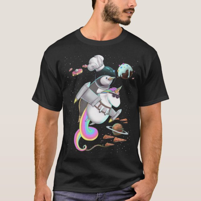 Pinguin Riding Unicorn Food Pizza Space Party Plan T-Shirt (Vorderseite)