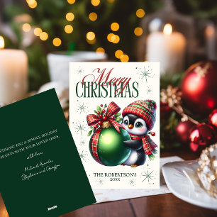 Pinguin Rot Grün Kariertes Schal Hut Weihnachtskar Feiertagskarte