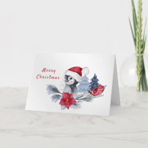 Pinguin Rote Poinsettie Schlitten Wasserfarbe Weih Feiertagskarte