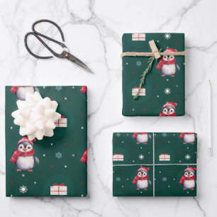 Pinguin Santa Green Happy Frohe Weihnachtsmuster Geschenkpapier Set