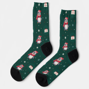 Pinguin Santa Green Happy Frohe Weihnachtsmuster Socken