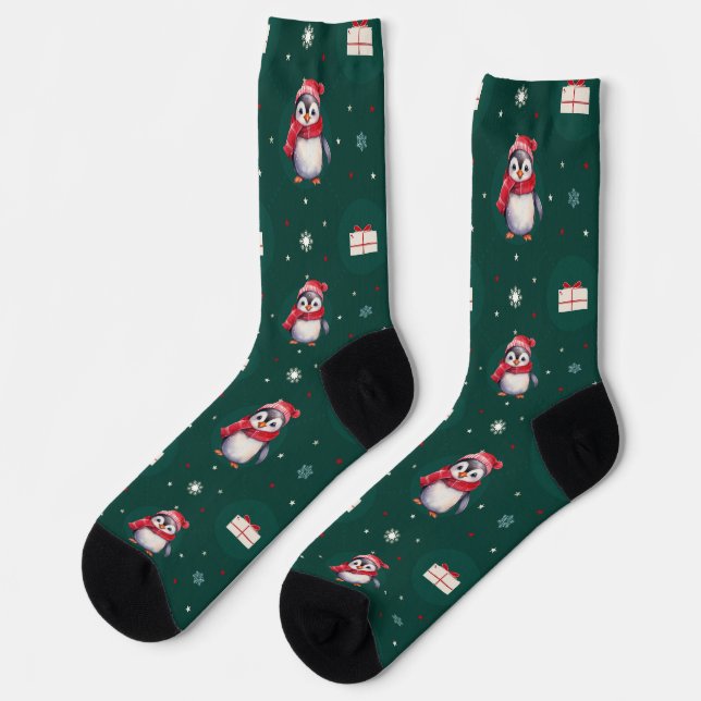 Pinguin Santa Green Happy Frohe Weihnachtsmuster Socken (Linkes Detail)