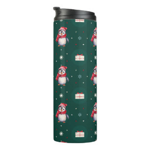 Pinguin Santa Green Happy Frohe Weihnachtsmuster Thermosbecher