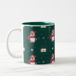 Pinguin Santa Green Happy Frohe Weihnachtsmuster Zweifarbige Tasse