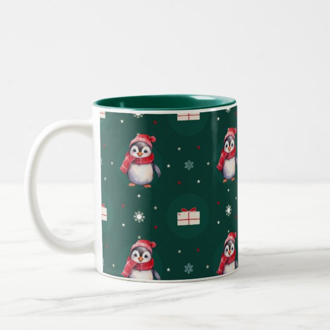 Pinguin Santa Green Happy Frohe Weihnachtsmuster Zweifarbige Tasse (Links)