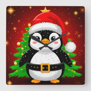 🐧 Pinguin Santa Weihnachtsbaum Feiertags-Spaß ✨ Quadratische Wanduhr