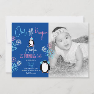 Pinguin-Schneeflocken Rosa Blau 1. Geburtstagsfoto Einladung