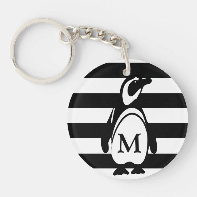 Pinguin Schwarz-Weiß-Streifen-Monogramm Schlüsselanhänger (Vorderseite)