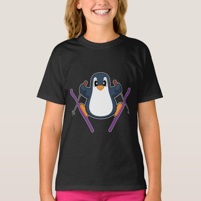 Pinguin Ski Skier Skistöcke T-Shirt (Vorderseite)