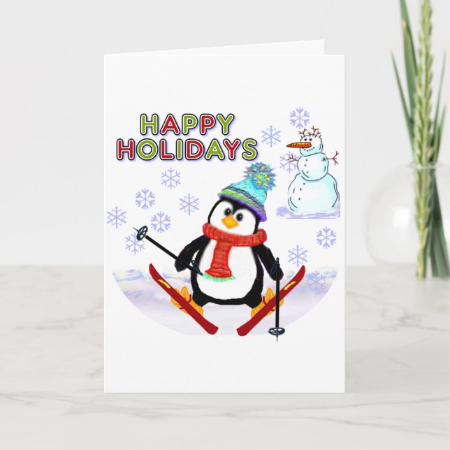 Pinguin Skier Cards Feiertagskarte (Vorderseite)