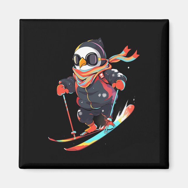Pinguin Skifahrer Ski Winter Schnee  Magnet (Vorne)