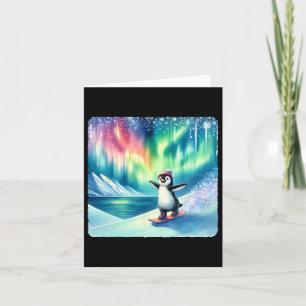 Pinguin Snowboarden unter der farbenfrohen Aurora Karte