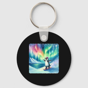Pinguin Snowboarden unter der farbenfrohen Aurora Schlüsselanhänger