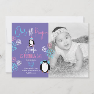 Pinguin Snowflakes Pink Blue 1. Geburtstag Foto Einladung