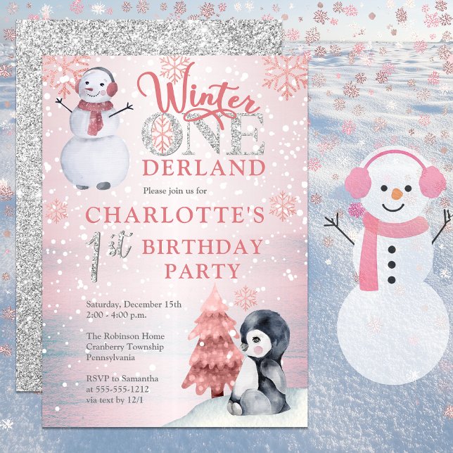 Pinguin | Snowman Winter ONEderland 1. Geburtstag Einladung (Pink Winter "One"derland Onederland Wonderland Girl's 1st Birthday Party Invitation -Print | Digital)