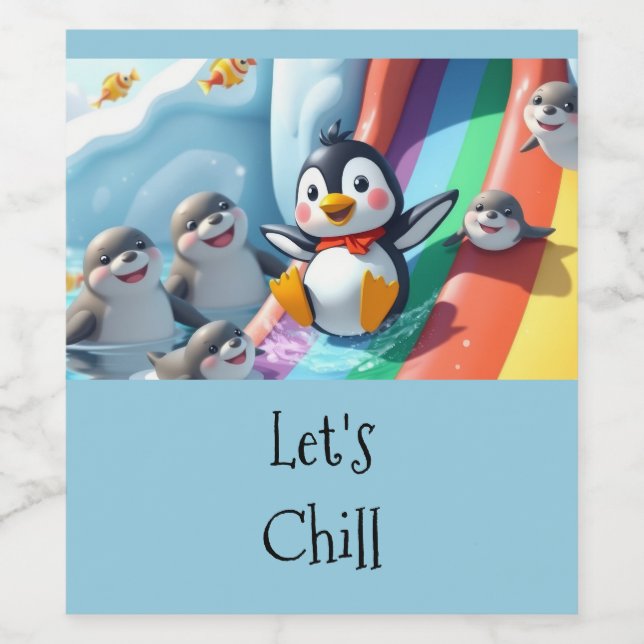 Pinguin spielt auf einer Rutsche Weinetikett (Einzelnes Label)