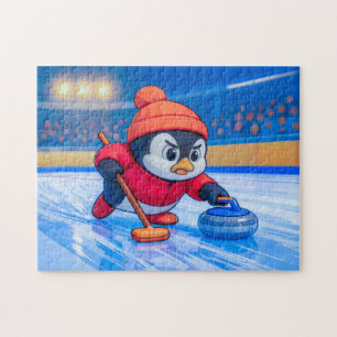 Pinguin spielt Curling auf einer eisigen Winterbah Puzzle