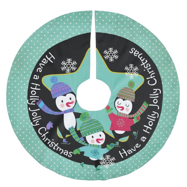 Pinguin-Stechpalmen-lustiges Weihnachten 4 Polyester Weihnachtsbaumdecke (Vorderseite)